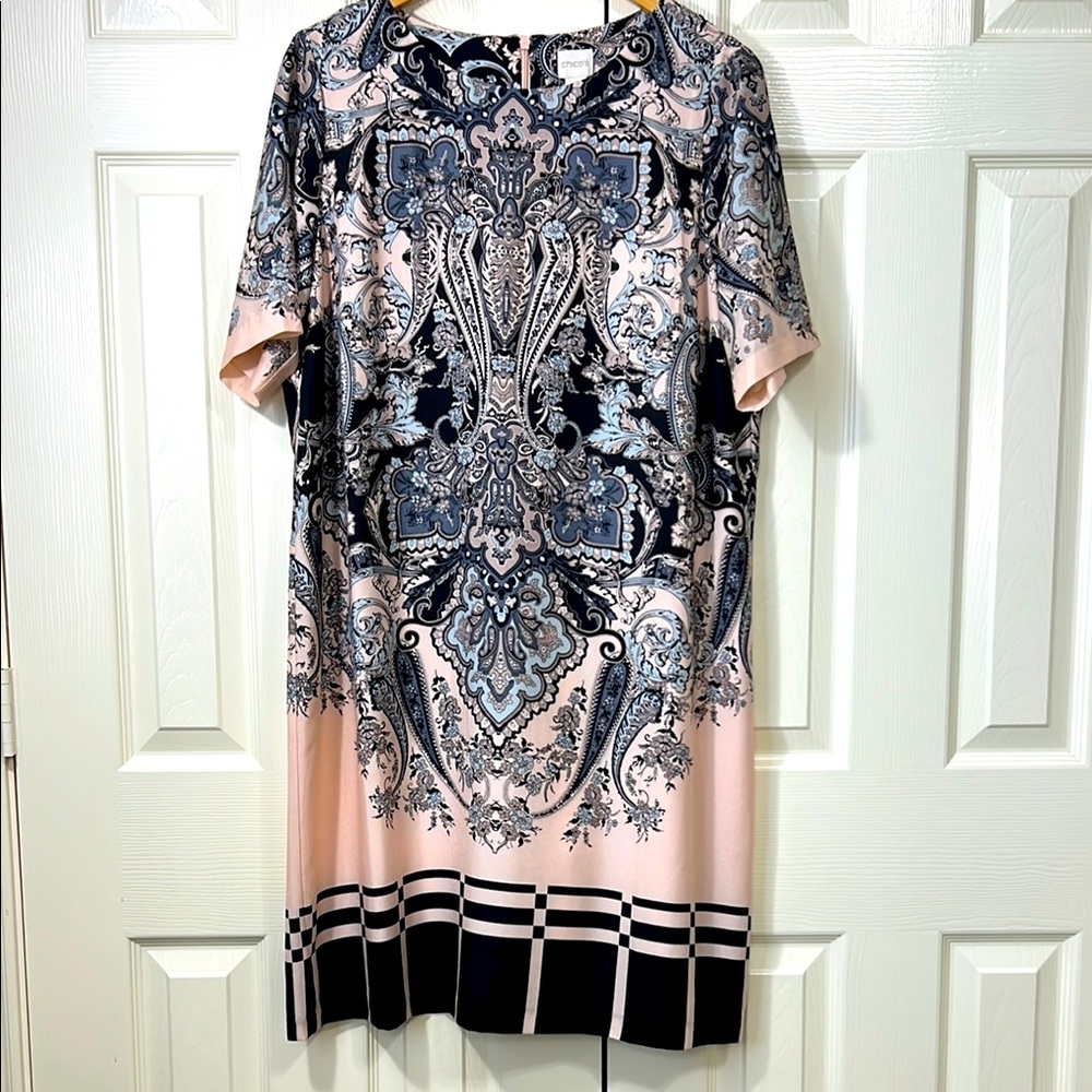Chico's Pink Blush, Gray, Black Paisley Plaid Patterned Midi Short Dress Sz 3